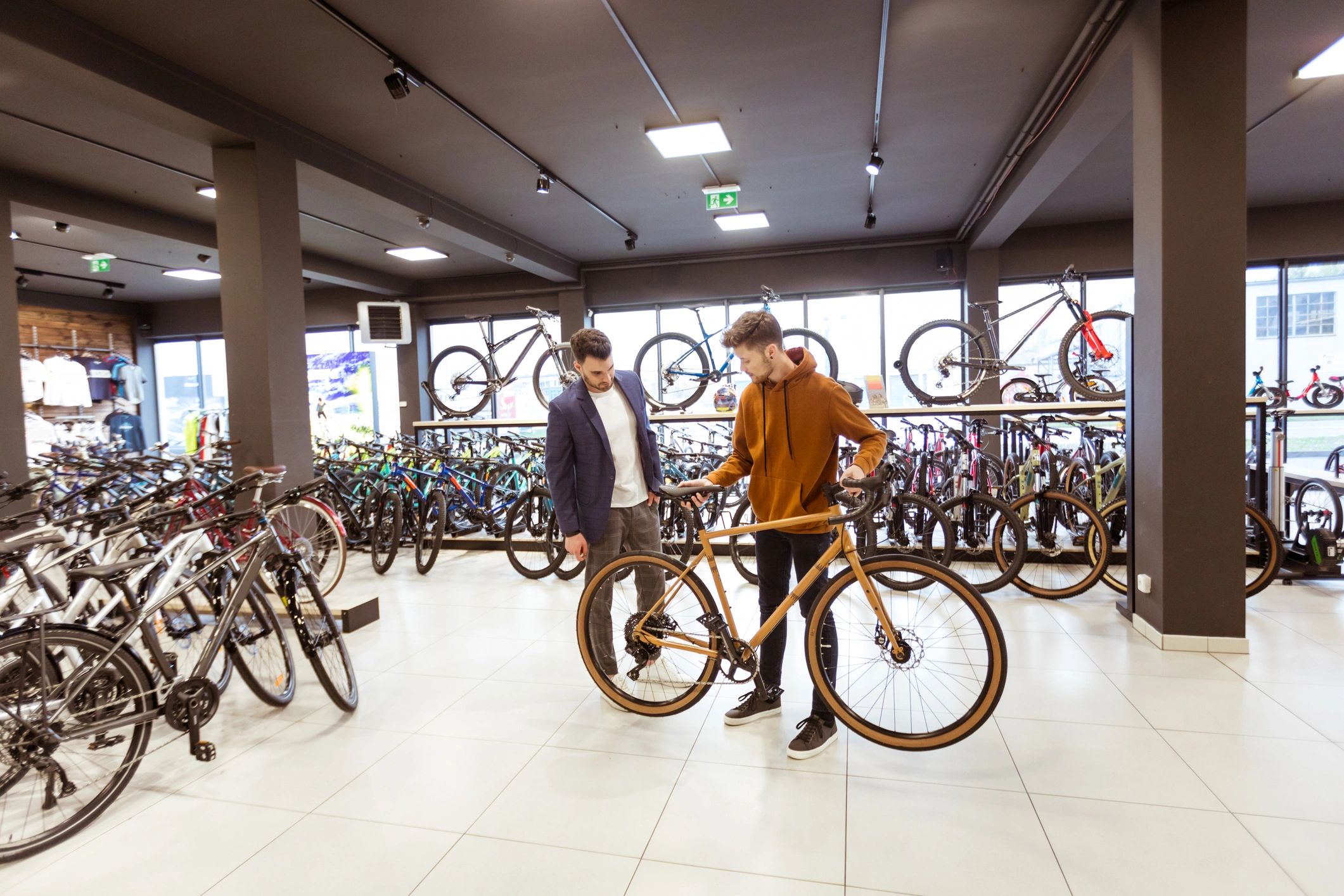 Electric bikes displayed in a modern bike shop